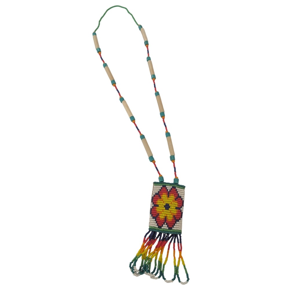 Vintage Beaded Floral Medallion Necklace Rainbow Seed Bead Boho Southwestern - Picture 2 of 5